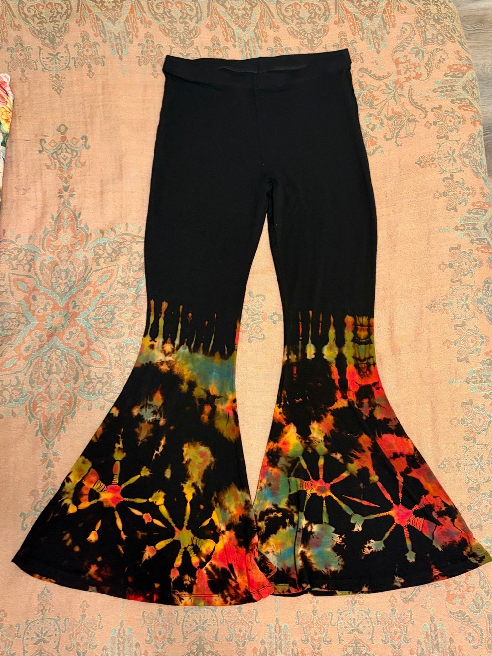Tucan Tango S/M black tie-dye bell bottom rayon spandex yoga dance pants
